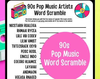 90s Party Games, Music Trivia, Word Scramble, Quiz Printable, Instant Download, PNG, 90s Theme, 90s nostalgia