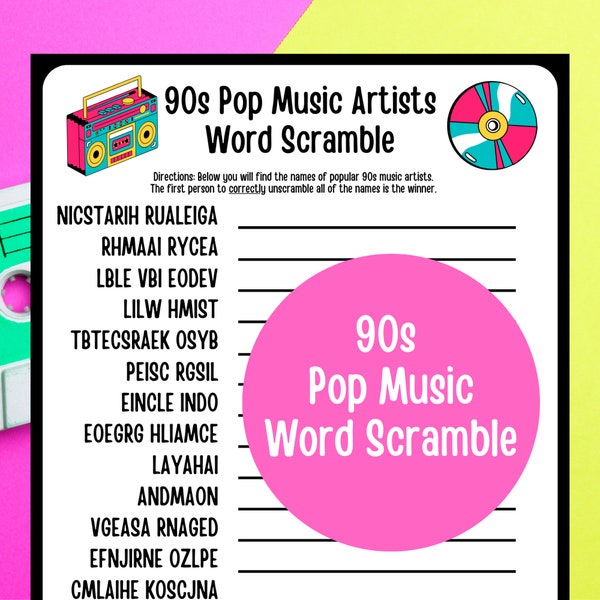 90s Party Games, Music Trivia, Word Scramble, Quiz Printable, Instant Download, PNG, 90s Theme, 90s nostalgia