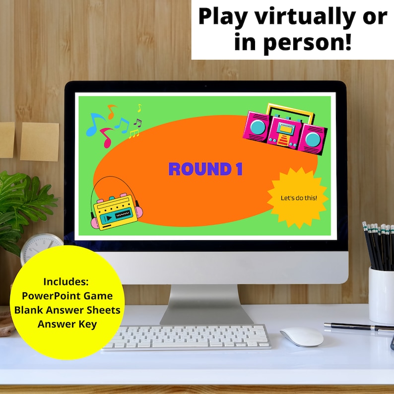 Printable music guessing game featuring short 90s R&B instrumental clips for digital download and instant play.