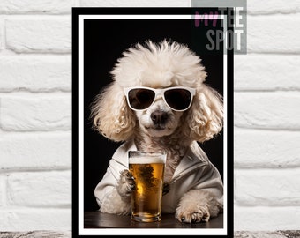 Funny Dog Artwork Poodle Poster Decor, Animal Drinking Beer, Bar Area Decor, Digital Download Print, Gift, Animal Pet Lover Picture