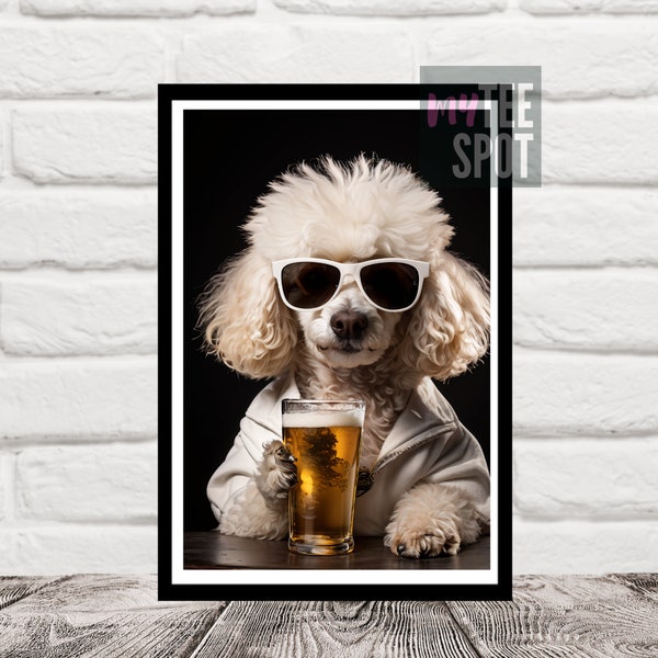 Funny Dog Artwork Poodle Poster Decor, Animal Drinking Beer, Bar Area Decor, Digital Download Print, Gift, Animal Pet Lover Picture