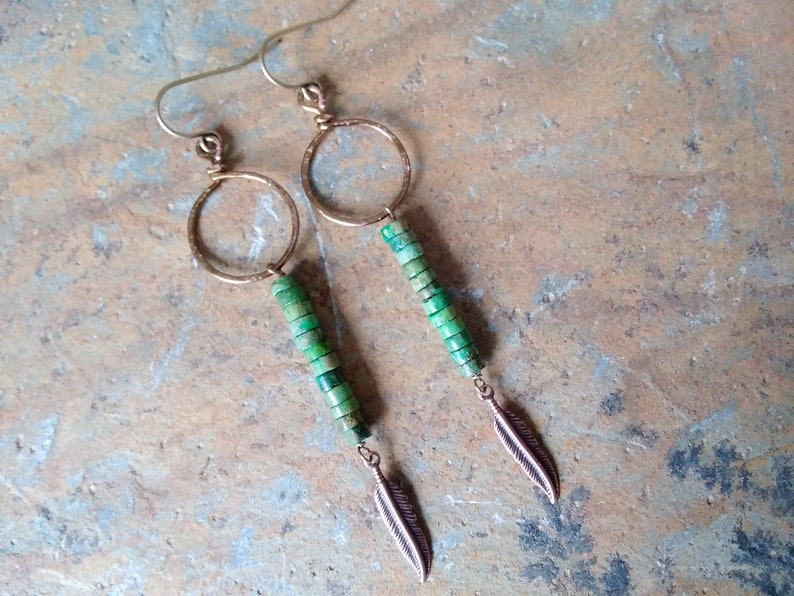 Handmade Dangles Earthy rustic southwestern style boho green magnesite stone copper feather