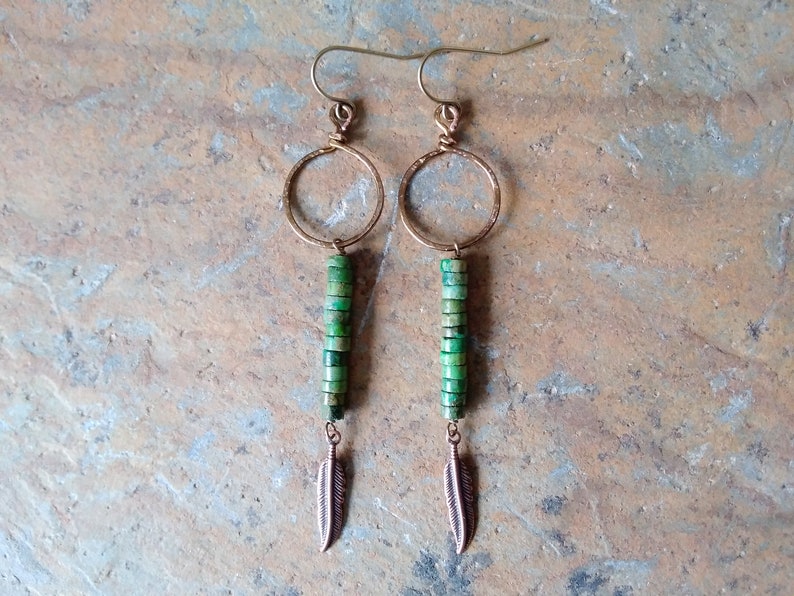 Handmade Dangles Earthy rustic southwestern style boho green magnesite stone copper feather