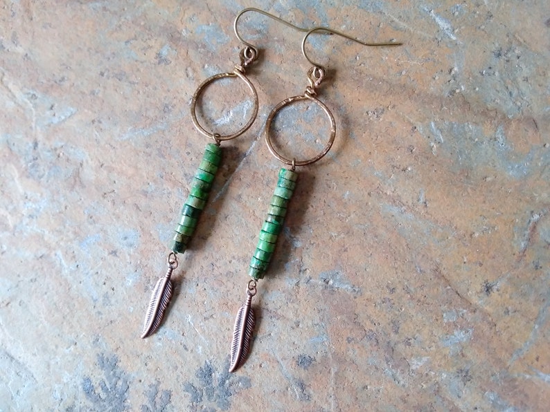 Handmade Dangles Earthy rustic southwestern style boho green magnesite stone copper feather