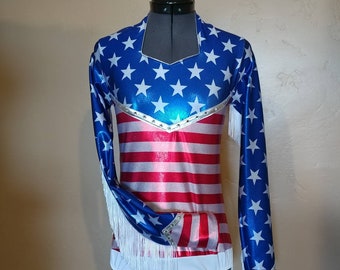 New Glory -- Patriotic Rodeo Queen Shirt with Fringe -- Sizes child 5/6 to Adult XL