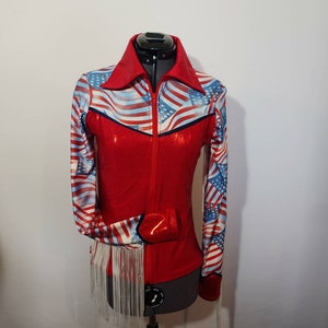 Flying Flag Zip Front with Fringe - Patriotic Arena Rodeo Queen Shirt - Available child 5/6 to adult 2XL