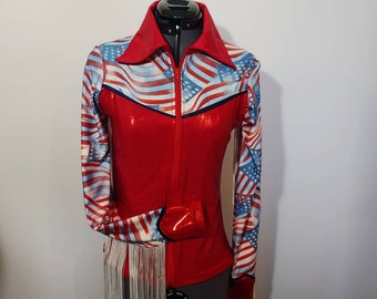 Flying Flag Zip Front with Fringe - Patriotic Arena Rodeo Queen Shirt - Available child 5/6 to adult 2XL