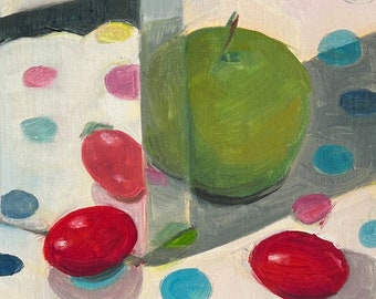 Apple Polka Dots - Dipinto ad olio originale Still Life su tela, unico nel suo genere