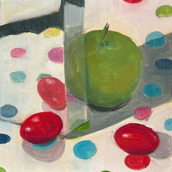 Apple Polka Dots - Peinture à l'huile originale de nature morte sur panneau de toile, unique en son genre