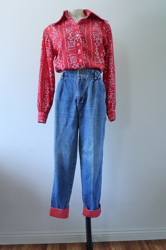Vintage Loose Fit High Waisted Mom Jeans Red Cuffs - image 2