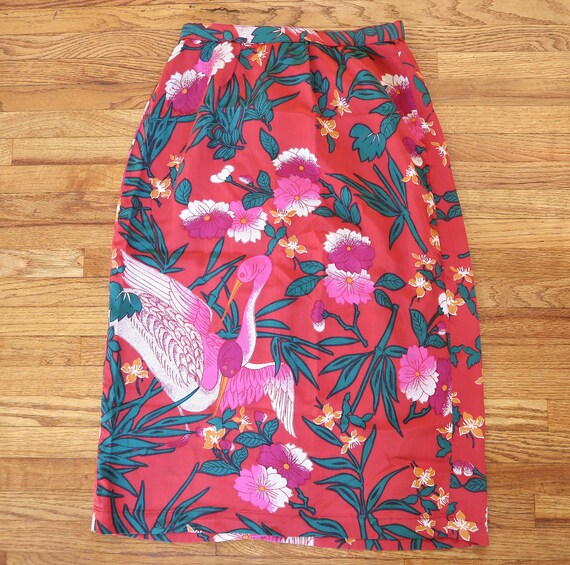 Vintage 100% Silk Bird Print Skirt 80s SM - image 2