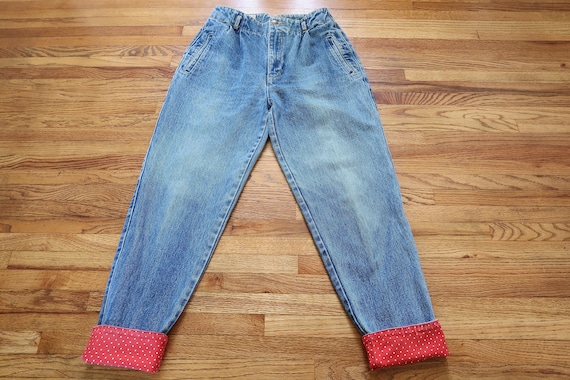 Vintage Loose Fit High Waisted Mom Jeans Red Cuffs - image 1
