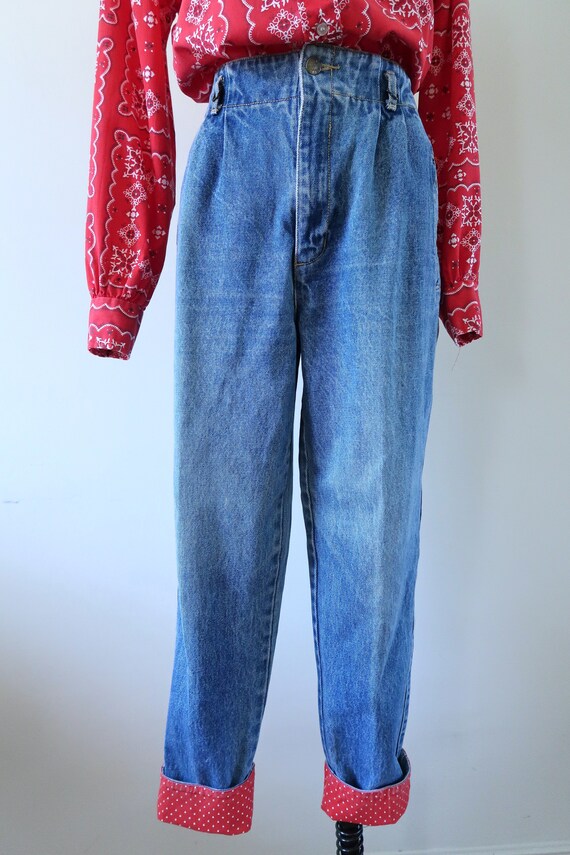 Vintage Loose Fit High Waisted Mom Jeans Red Cuffs - image 3