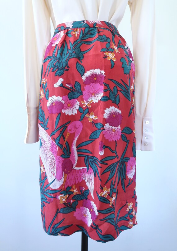 Vintage 100% Silk Bird Print Skirt 80s SM - image 7