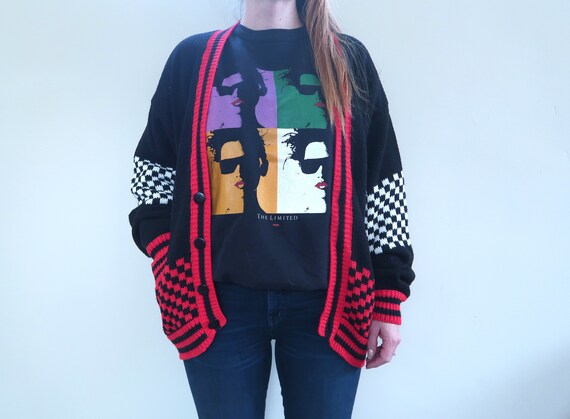 Vintage Oversized 90s Knit Checkerboard Cardigan