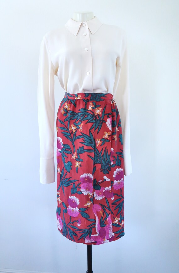 Vintage 100% Silk Bird Print Skirt 80s SM - image 3