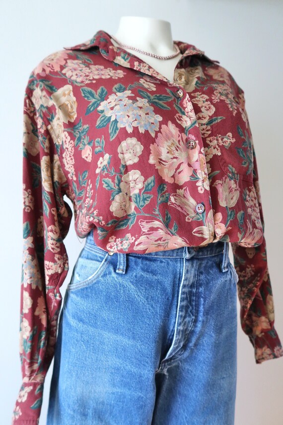 Vintage Renaissance Floral Rayon Blouse SM 90s - image 2