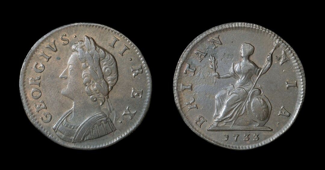 Antique George II Copper Farthing Coin 1733, British, Georgian, Old ...