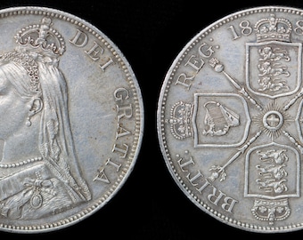 Old Money Genuine Vintage English Antique Coin Queen Victoria Solid Silver Double Florin 1887, British, Victorian