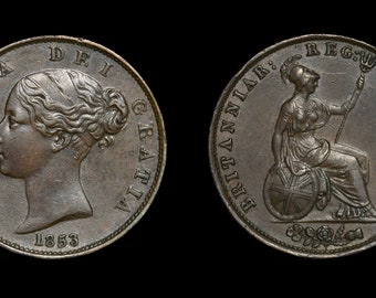 Queen Victoria Early Copper Halfpenny 1853, Great British Coins, Victorian Coin, Unique Gifts