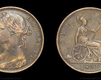 Queen Victoria One Penny Coin 1891, Great British Coins, Victorian, Copper Penny, Antique Coin