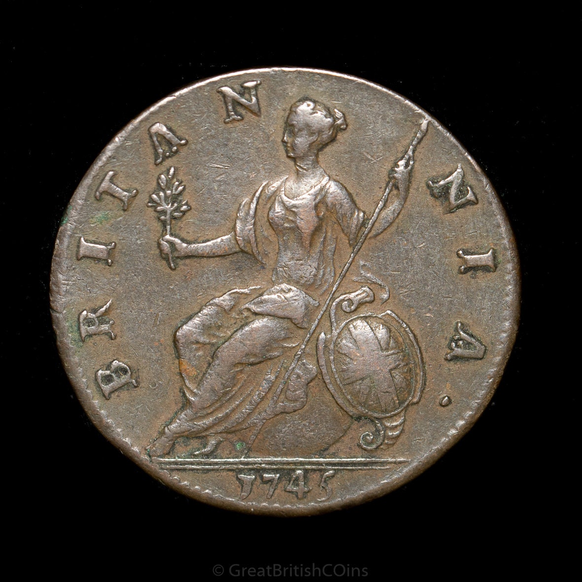 英国国王ジョージ2世 1745年 銅製ハーフペニー硬貨、英国硬貨