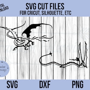 May include: Two black and white silhouette images of dragons. The first dragon is flying with its wings spread out. The second dragon is curled up with its tail wrapped around its body. The text "SVG CUT FILES FOR CRICUT, SILHOUETTE, ETC" is at the top of the image. The text "SVG, DXF, PNG" is at the bottom of the image.