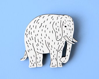 Hand Painted White Laser Cut Wooden Elephant Pin - Eco-Friendly Safari Animal Jewelry for Nature Lovers