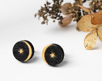 Moon Wooden Earring, Art Nouveau Wooden Studs, Minimalist Studs, Statement Earrings, Geometric Studs, Girlfriend Gift, Star Earrings