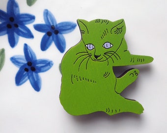 Andy Warhol Pin, Cat Lover Gift, Wooden Brooch, Pet Jewelry, Pop Art Pin, Cat Brooch, Gift for Her, Laser Cut Brooch, Green Pin