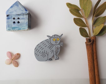 Hand-Painted Wooden Cat Brooch, Funny Kitten Pin, Naive Art Gift