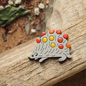 Hedgehog Pin, Colorful Pin, Gift for Her, Wildlife Jewelry, Art Pin, Wooden Brooch, Laser Cut Brooch, Sustainable Gift, Wood Badge image 2