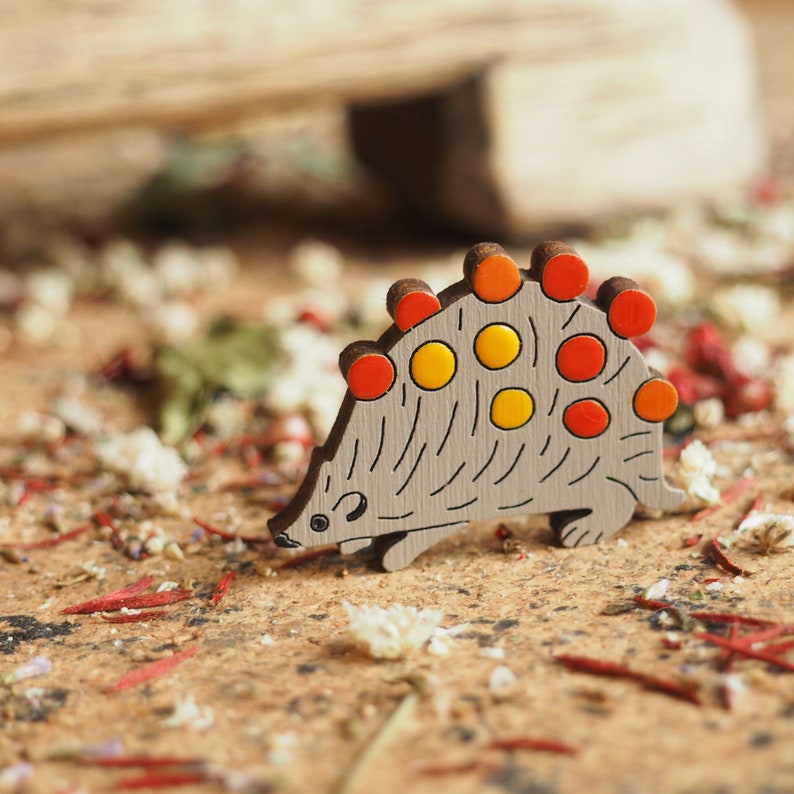 Hedgehog Pin, Colorful Pin, Gift for Her, Wildlife Jewelry, Art Pin, Wooden Brooch, Laser Cut Brooch, Sustainable Gift, Wood Badge image 1
