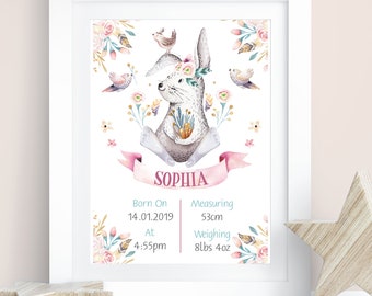Boho Rabbit Nursery Print|Nursery Art|Birth Announcement|Personalised Birth Stats|New Baby gift|Birth Details Print|Birth Poster|