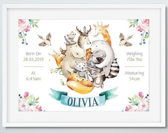 Animal Friends Nursery Print|Nursery Art|Birth Announcement|Personalised Birth Stats|New Baby gift|Birth Details Print|Birth Poster|