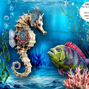 May include: An underwater scene featuring a seahorse and a fish. The seahorse is adorned with jewels and a crown. The fish has a red fin and green body. The background is a deep blue with bubbles and coral.