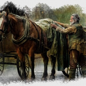 ヴィンテージ油絵デジタルウォールアート、デコパージュプリント、旧世界の魅力、馬車、1800年代、ホーム、ファームハウスウォールアート