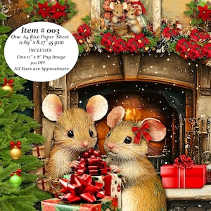 May include: A decorative A4 rice paper sheet featuring a festive Christmas scene with two brown mice sitting by a fireplace with wrapped gifts. The text reads: Item # 003, One A4 Rice Paper Sheet 11.69" x 8.27" 45 gsm, INCLUDES One 11" x 8" Png Image 300 DPI.