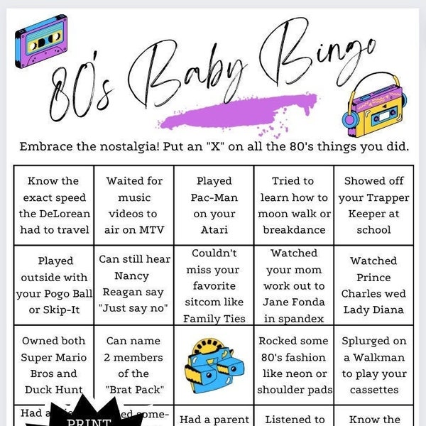 80's bingo, 80's party game, 80's birthday party game, 80's baby, 80's party, 80s nostalgia, 80s game, instant download