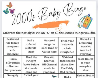 2000’s bingo, 2000’s party game, 2000’s birthday party game, 2000’s baby, 2000’s party, 2000s nostalgia, 2000s game, y2k, instant download