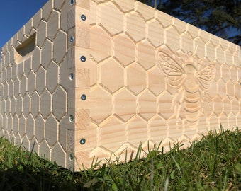 Deep 9 5/8 Bee Hive Body ONLY Honey Comb #CNC Engraving on All 4 Sides (Assembled) Langstroth