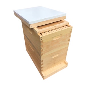May include: A wooden beehive with a white lid. The hive is made of multiple stacked boxes with a removable inner cover. The hive is designed for beekeeping.