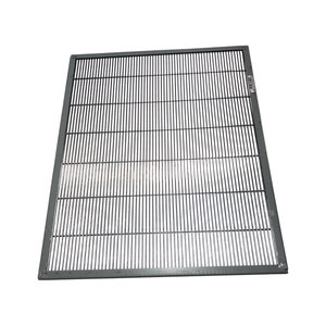 May include: A black metal mesh screen with a rectangular frame. The screen is made of thin metal wires that are woven together to create a grid pattern.