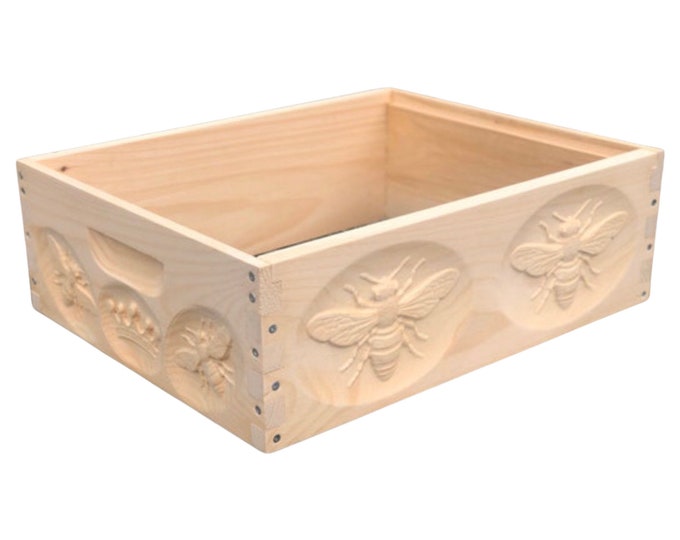 Medium 6 5/8 honey super bee hive body with frames and foundations with 3D relief carving (Un-Assembled) Langstroth