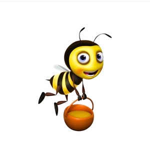 Pu&ograve; includere: Un'ape di cartone animato con strisce nere e gialle sta volando mentre tiene un piccolo secchiello arancione pieno di miele.