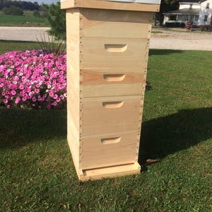 Pu&ograve; includere: Un'arnia di legno con un coperchio bianco e cinque scatole. L'arnia &egrave; seduta su un prato verde.