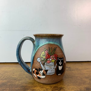 Ceramic Mug - Spring Cats - Drippy Blues - 19.4 oz