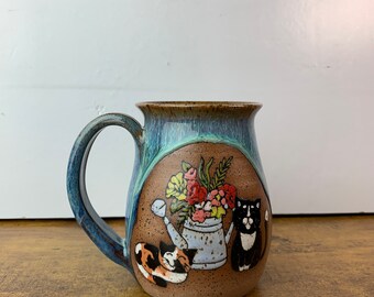 Ceramic Mug - Spring Cats - Drippy Blues - 19.4 oz