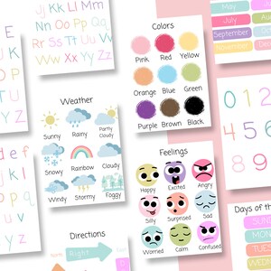 Gráficos preescolares Carteles educativos Conjunto de aprendizaje para niños pequeños de 12 Decoración del aula Montessori Impresiones de educación en el hogar ABC Rainbow Poster Feelings