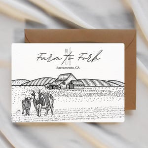 May include: A white card with a brown envelope featuring a black and white illustration of a farm scene. The card reads "Farm to Fork" above a drawing of a barn, fields, and two cows. The text "Sacramento, CA" is below the title.